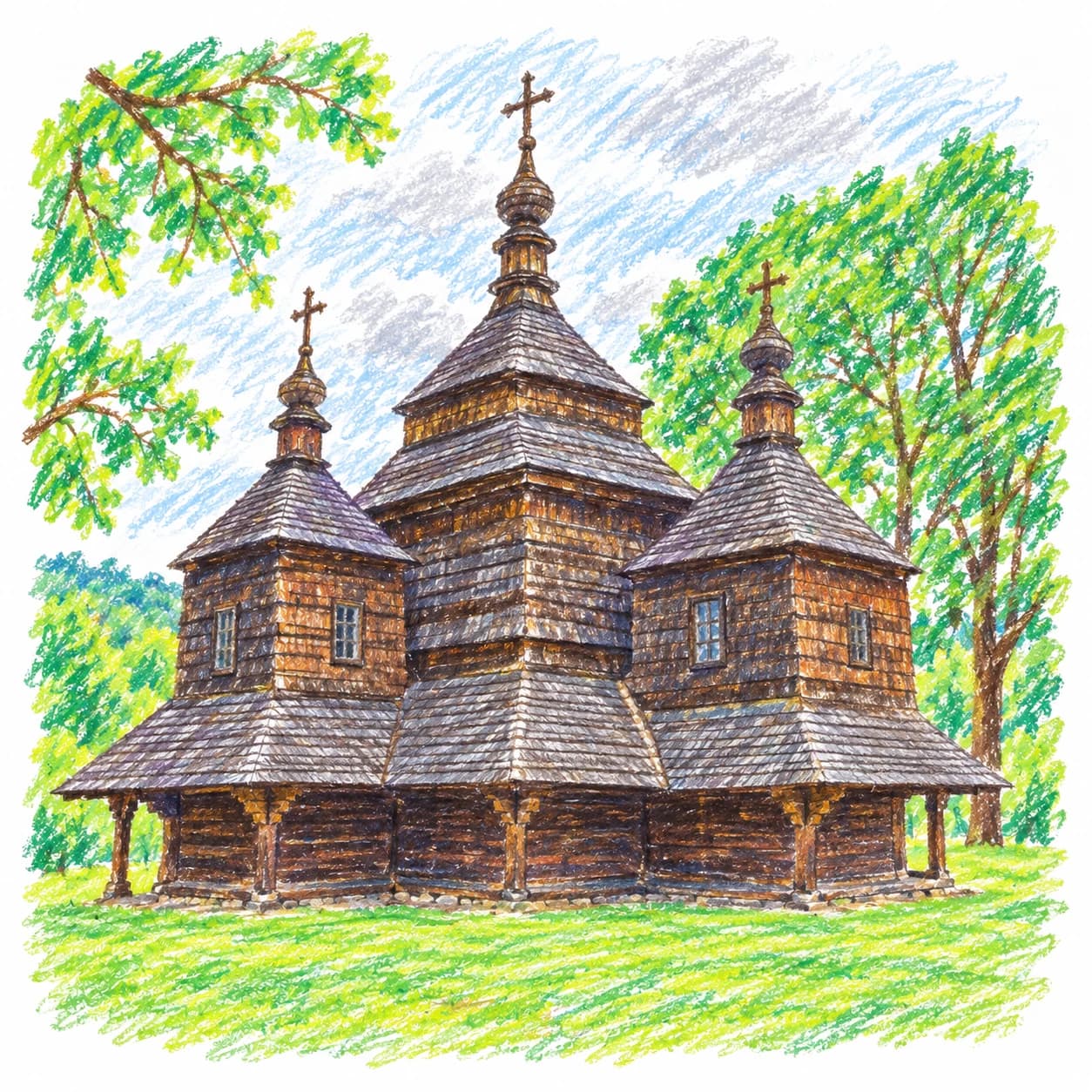 Modèle colorié: Coloriage de l'Ukraine : église en bois à coupoles