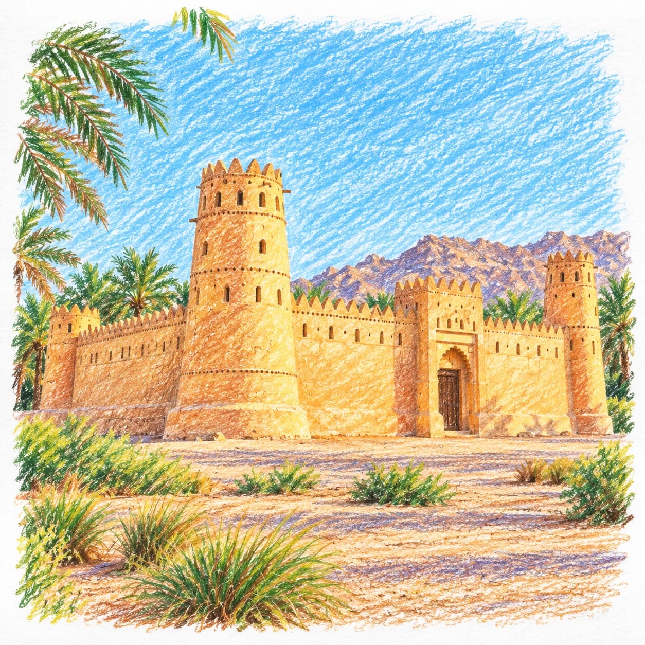 Modèle colorié: Coloriage des Émirats arabes unis : fort et palmiers