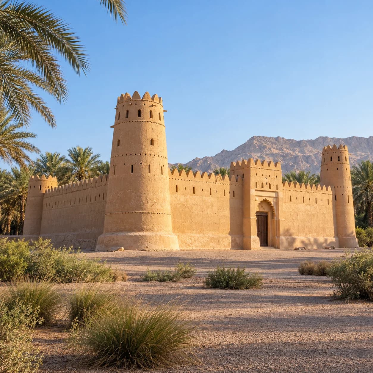 Realistic source: United Arab Emirates coloring page: old fort and palms