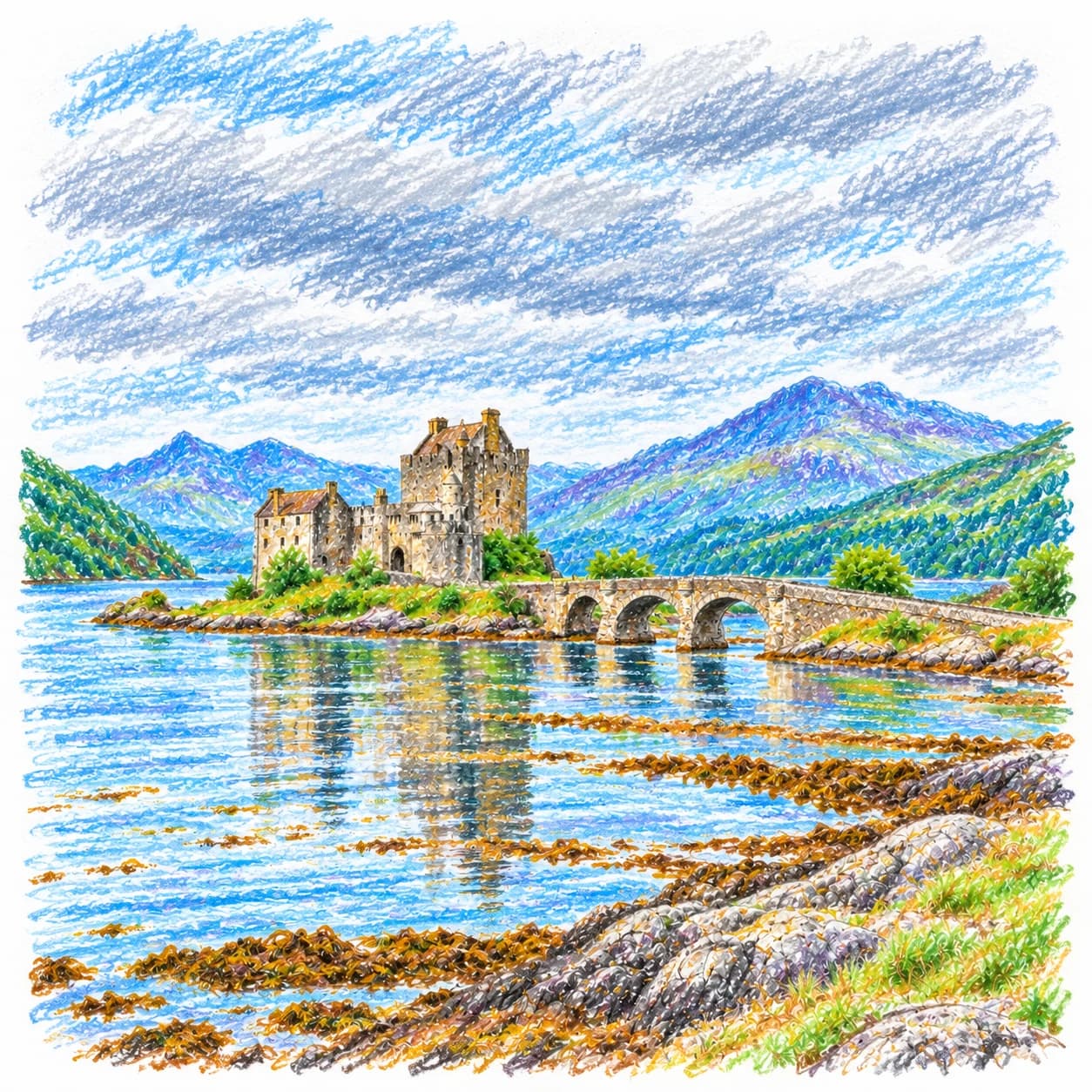 Modèle colorié: Coloriage du Royaume-Uni : château sur un lac