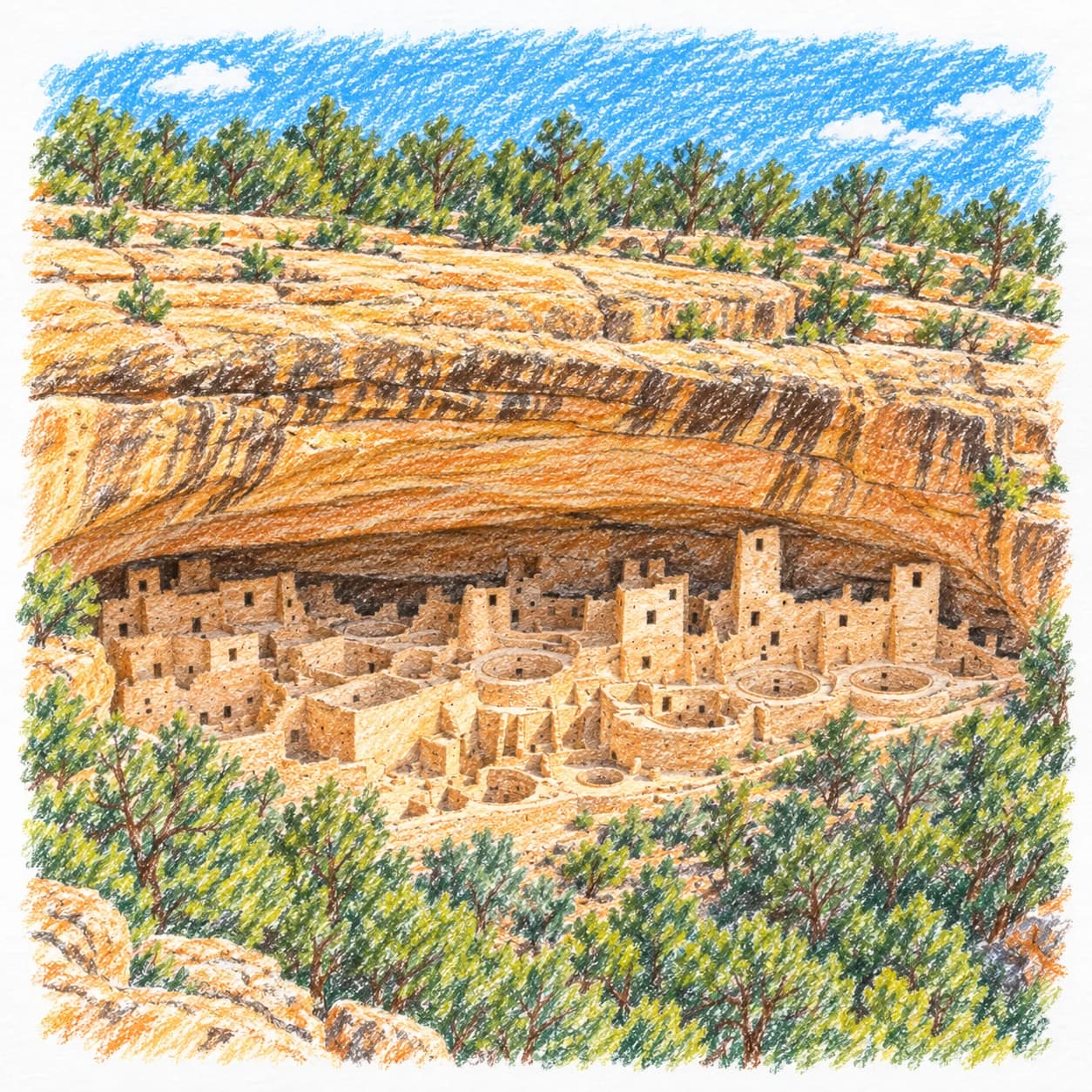 Modèle colorié: Coloriage des États-Unis : maisons sous la falaise