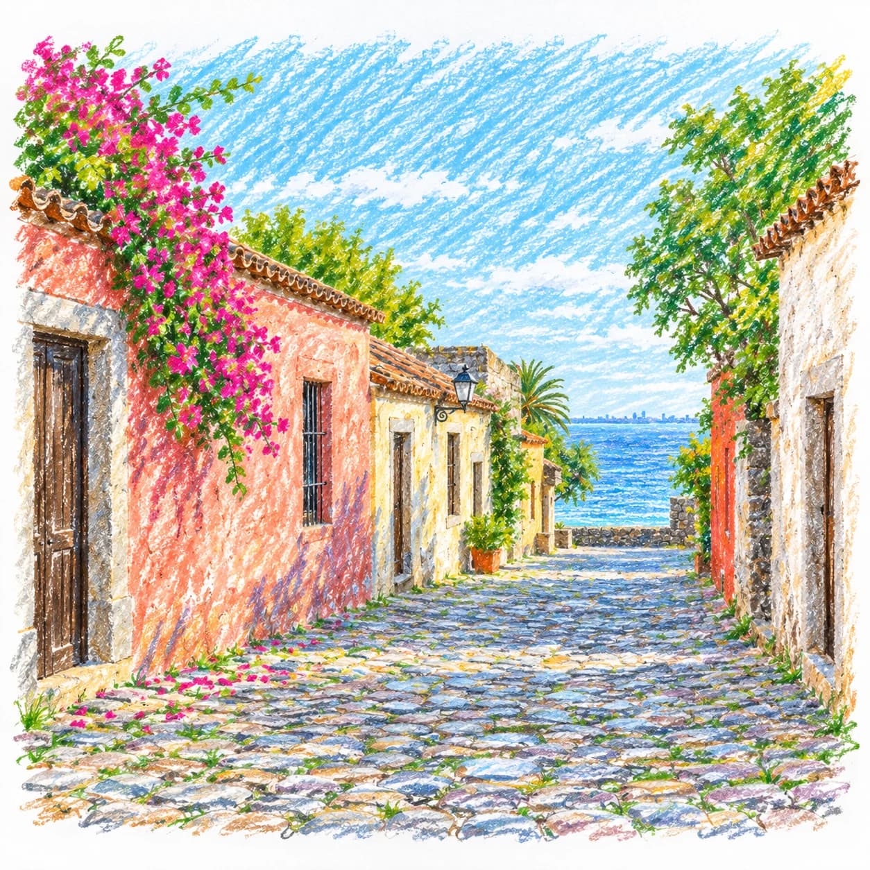 Colored model: Uruguay coloring page: cobbled street to the water