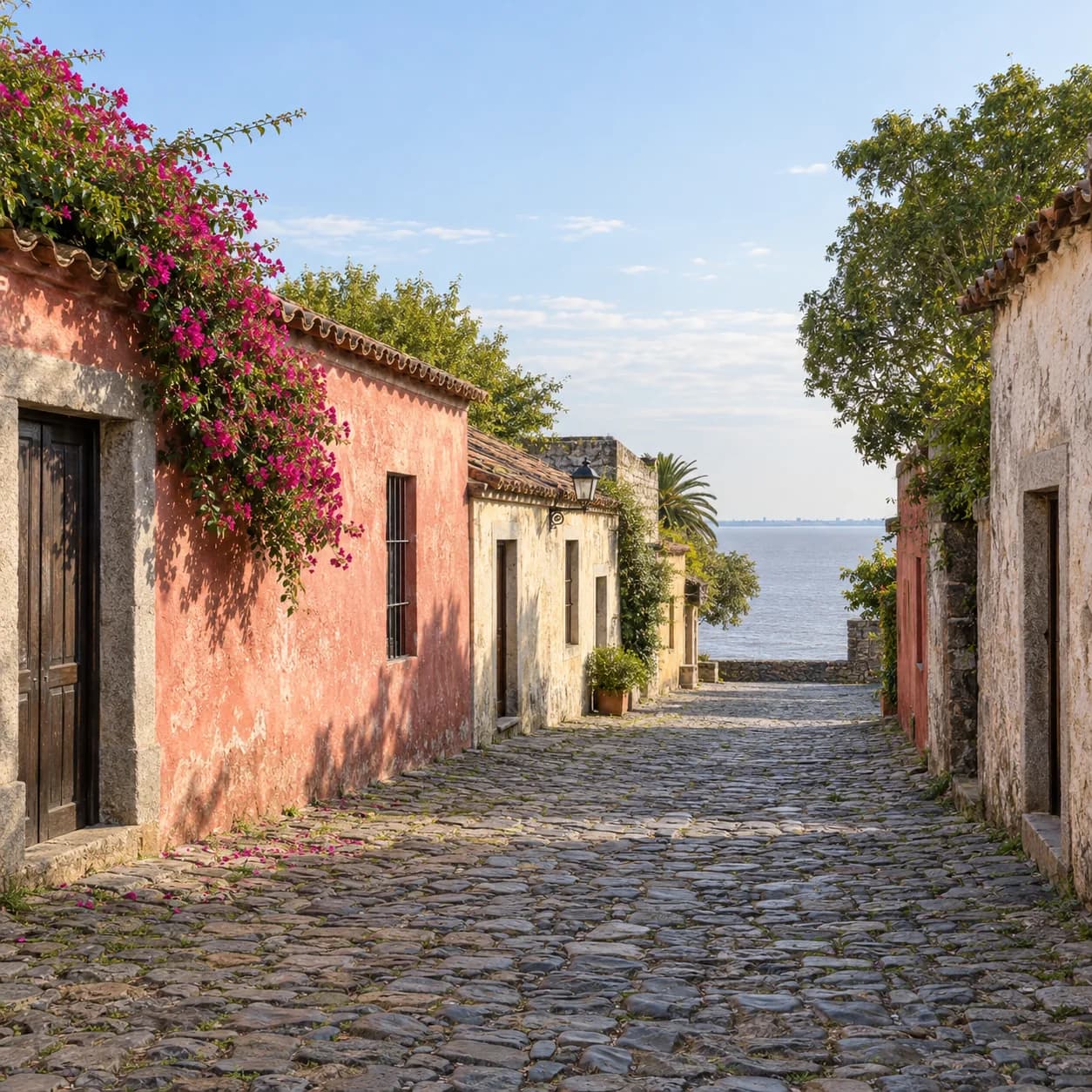 Photo réaliste: Coloriage de l'Uruguay : ruelle pavée vers l'eau