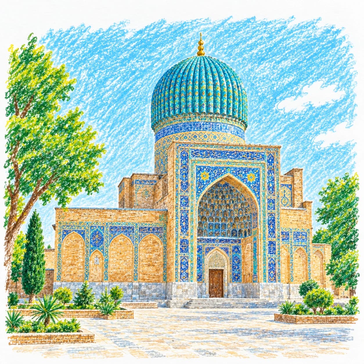 Modèle colorié: Coloriage de l'Ouzbékistan : dôme turquoise et faïences