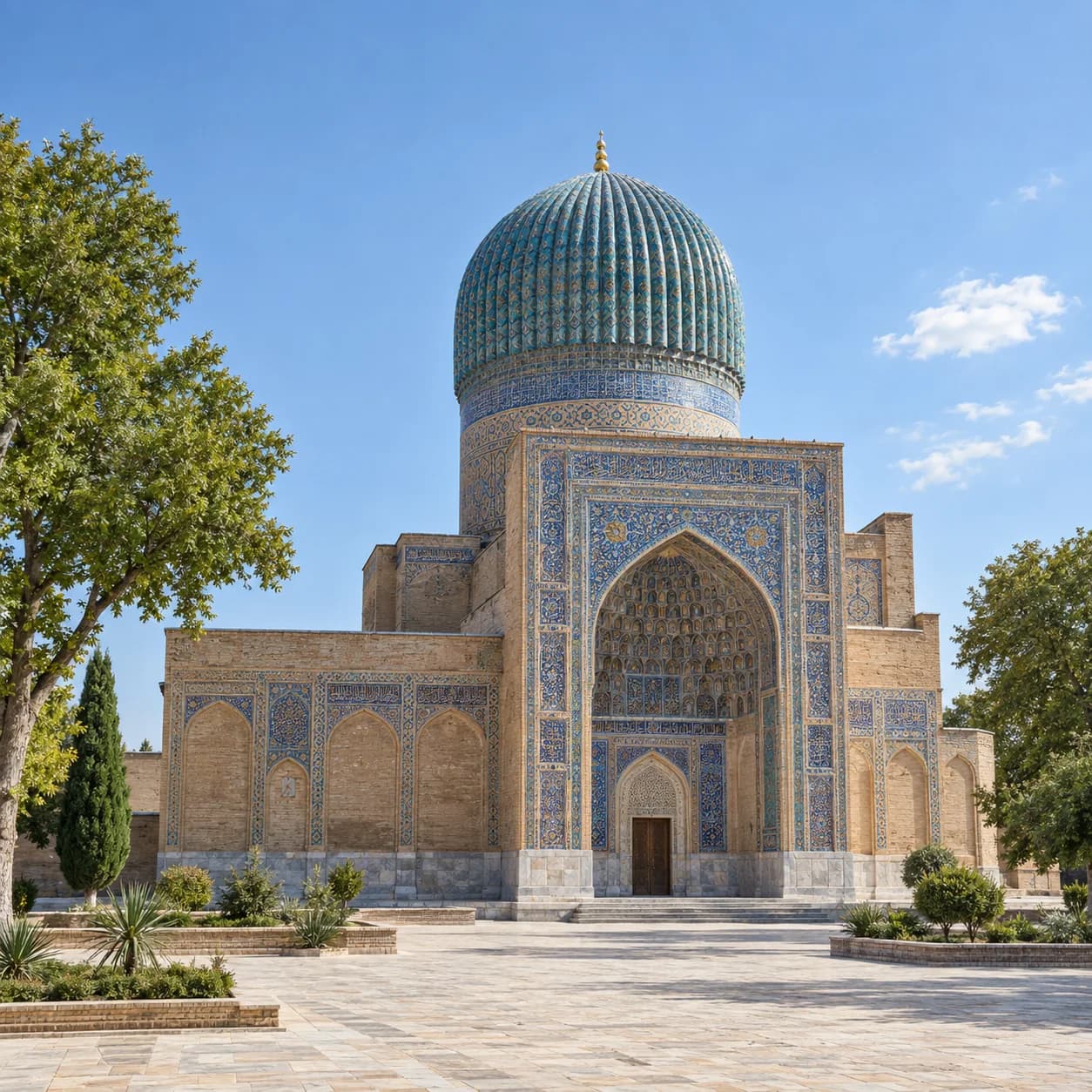 Photo réaliste: Coloriage de l'Ouzbékistan : dôme turquoise et faïences