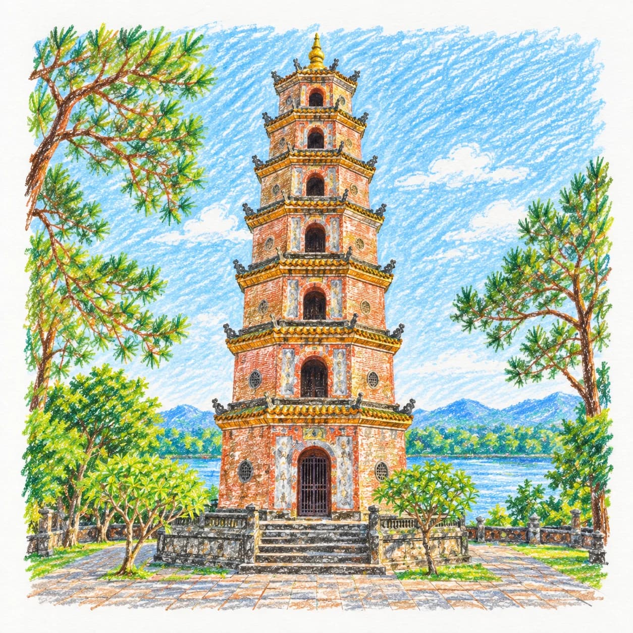 Modèle colorié: Coloriage du Vietnam : pagode à étages au bord de l'eau
