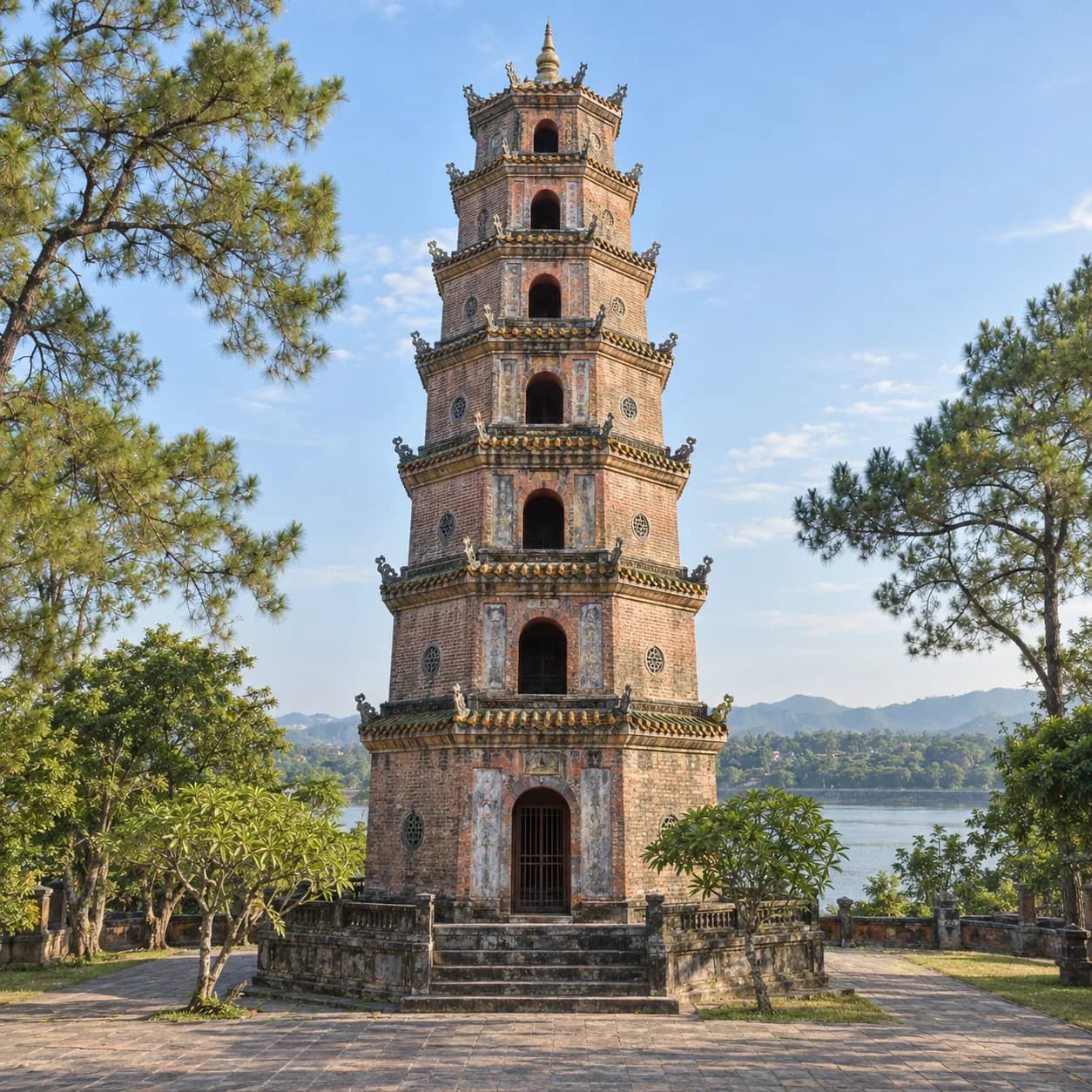 Realistic source: Vietnam coloring page: tiered pagoda by the water