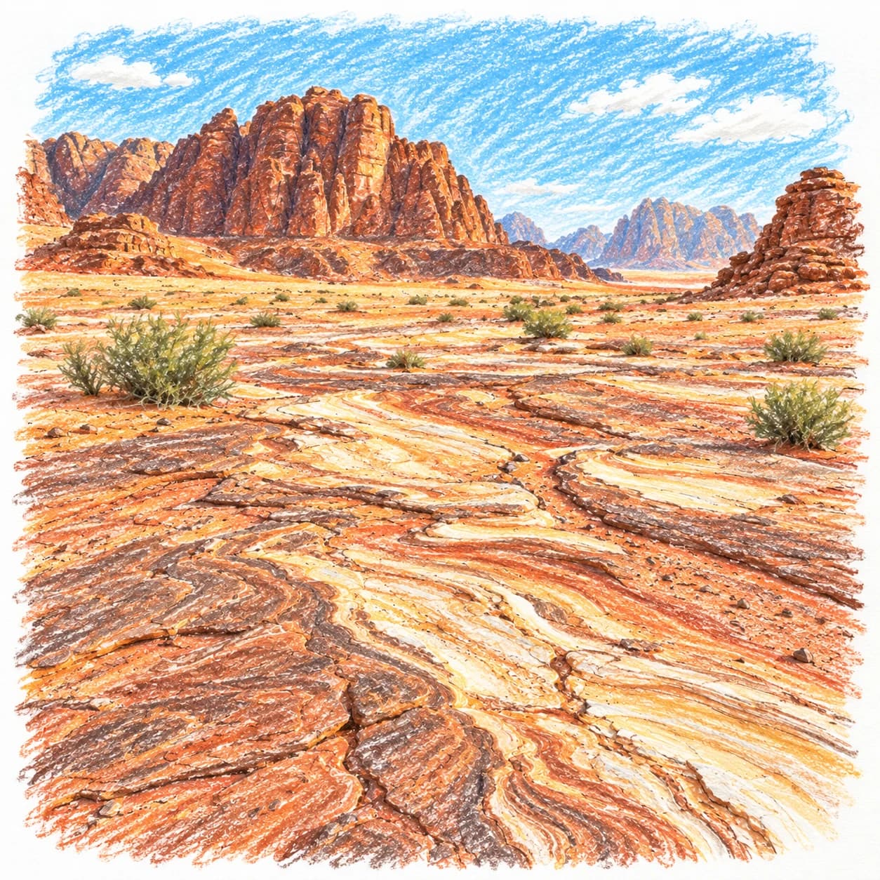 Modèle colorié: Coloriage du Wadi Rum : sol aux motifs naturels