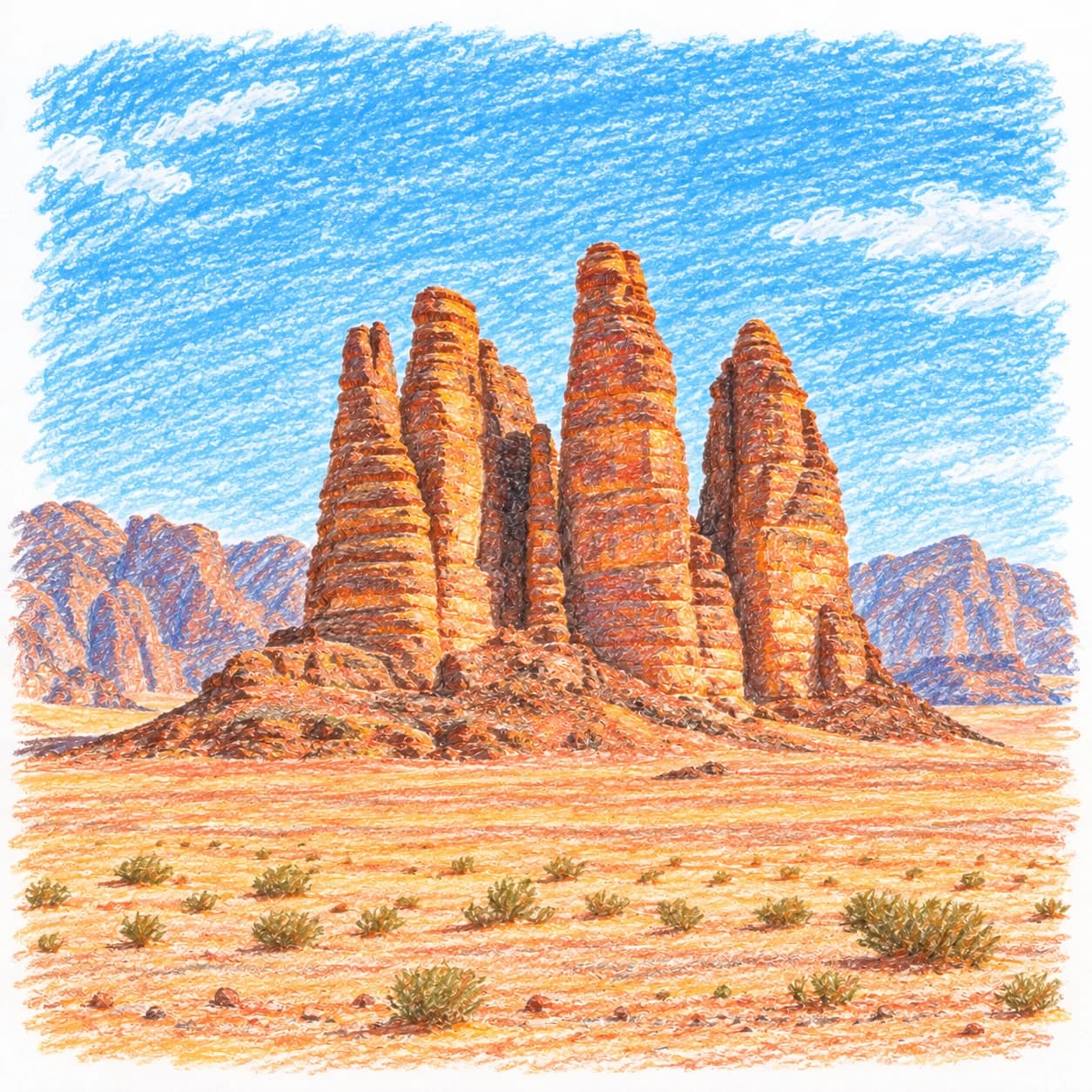 Modèle colorié: Coloriage du Wadi Rum : piliers rocheux