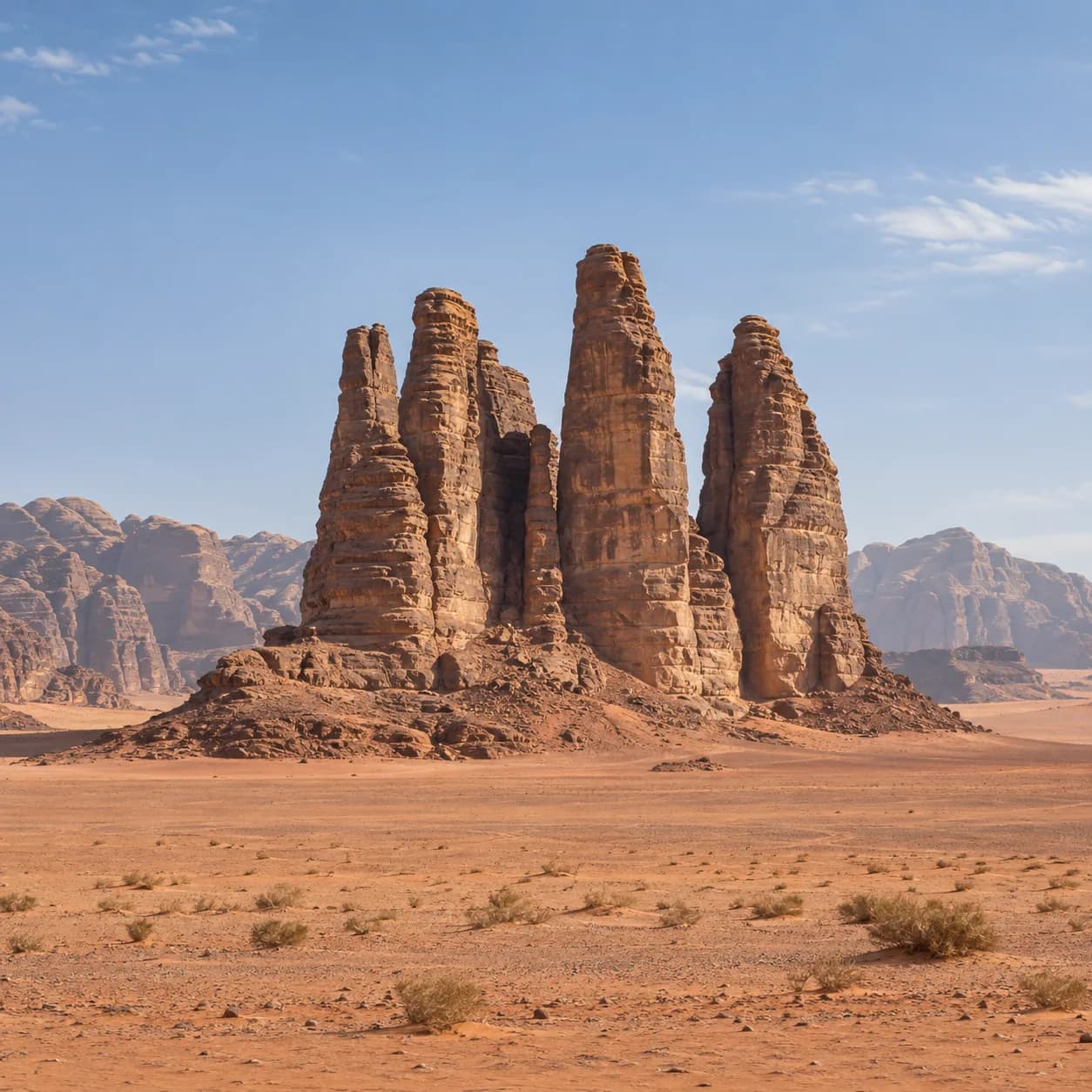 Photo réaliste: Coloriage du Wadi Rum : piliers rocheux