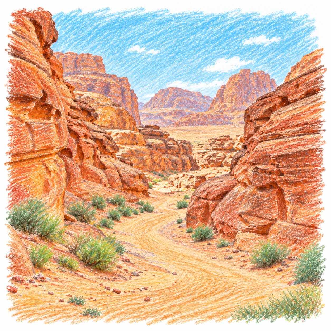 Modèle colorié: Coloriage du Wadi Rum : gorge sinueuse
