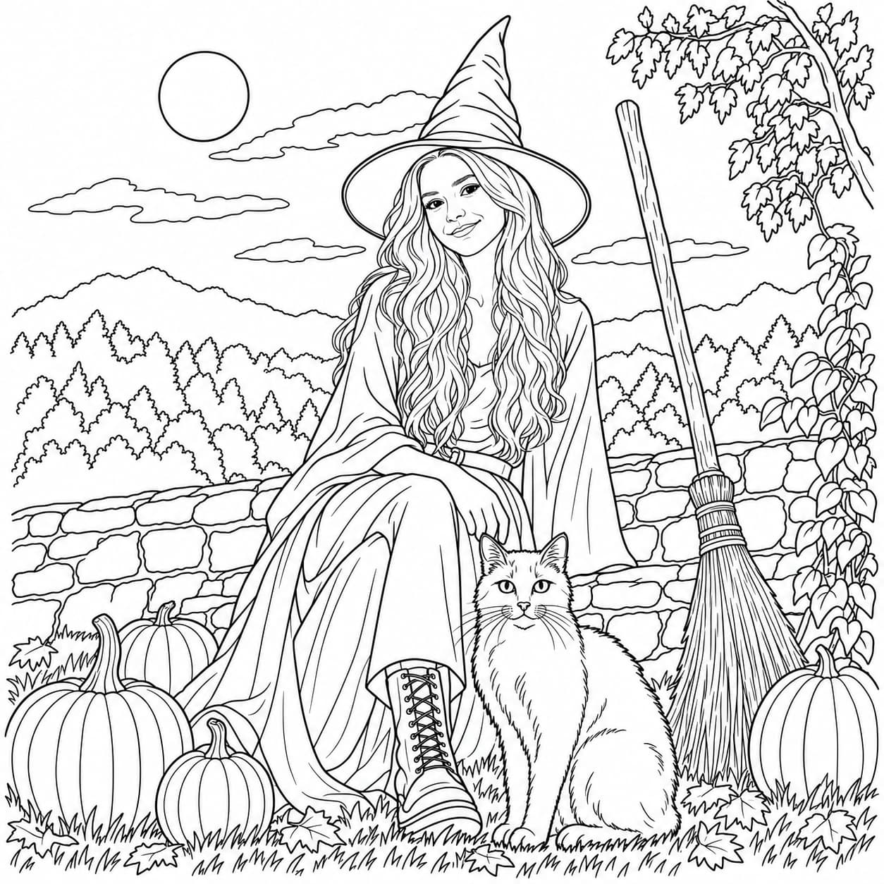 Coloring: Witch and black cat coloring page