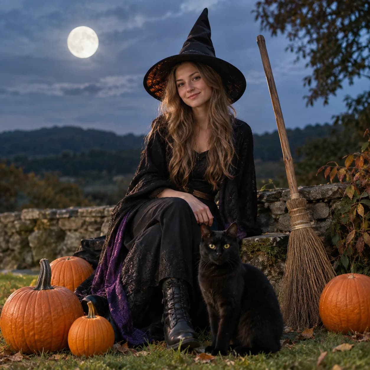 Photo réaliste: Coloriage de sorcière et chat noir