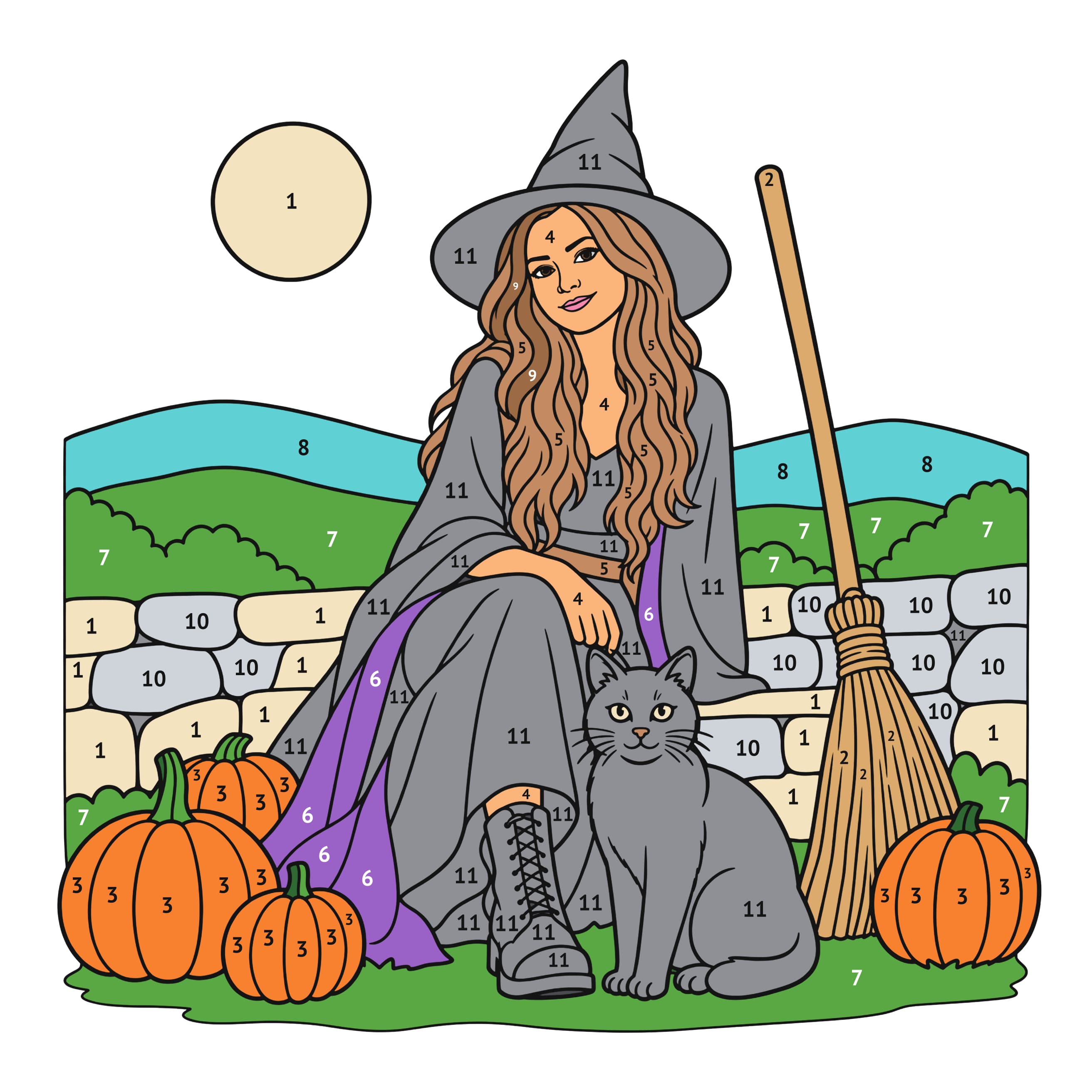 Colored model: Witch and black cat color by number printable