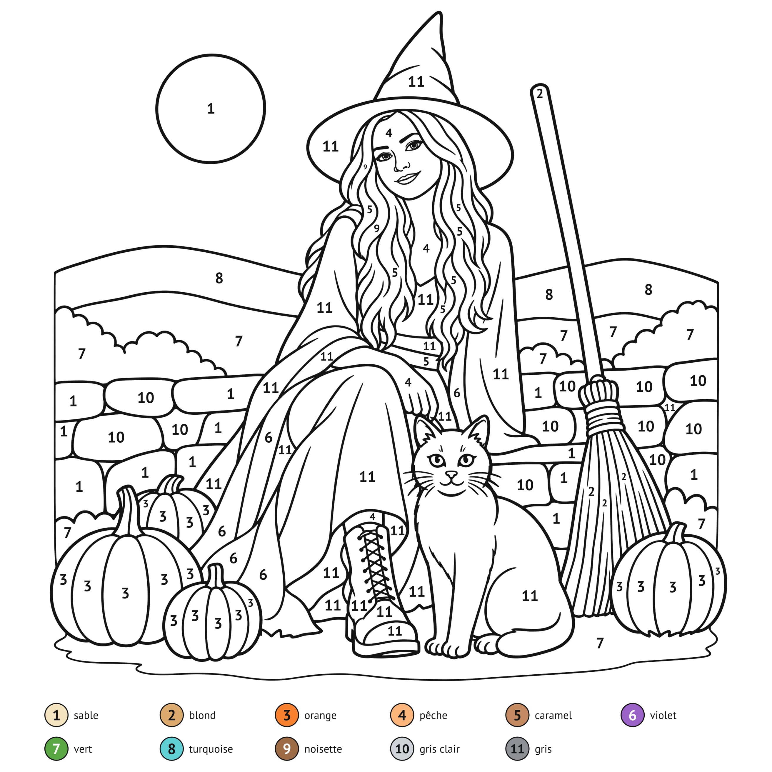 Au numéro: Sorcière et chat noir : coloriage au numéro à imprimer