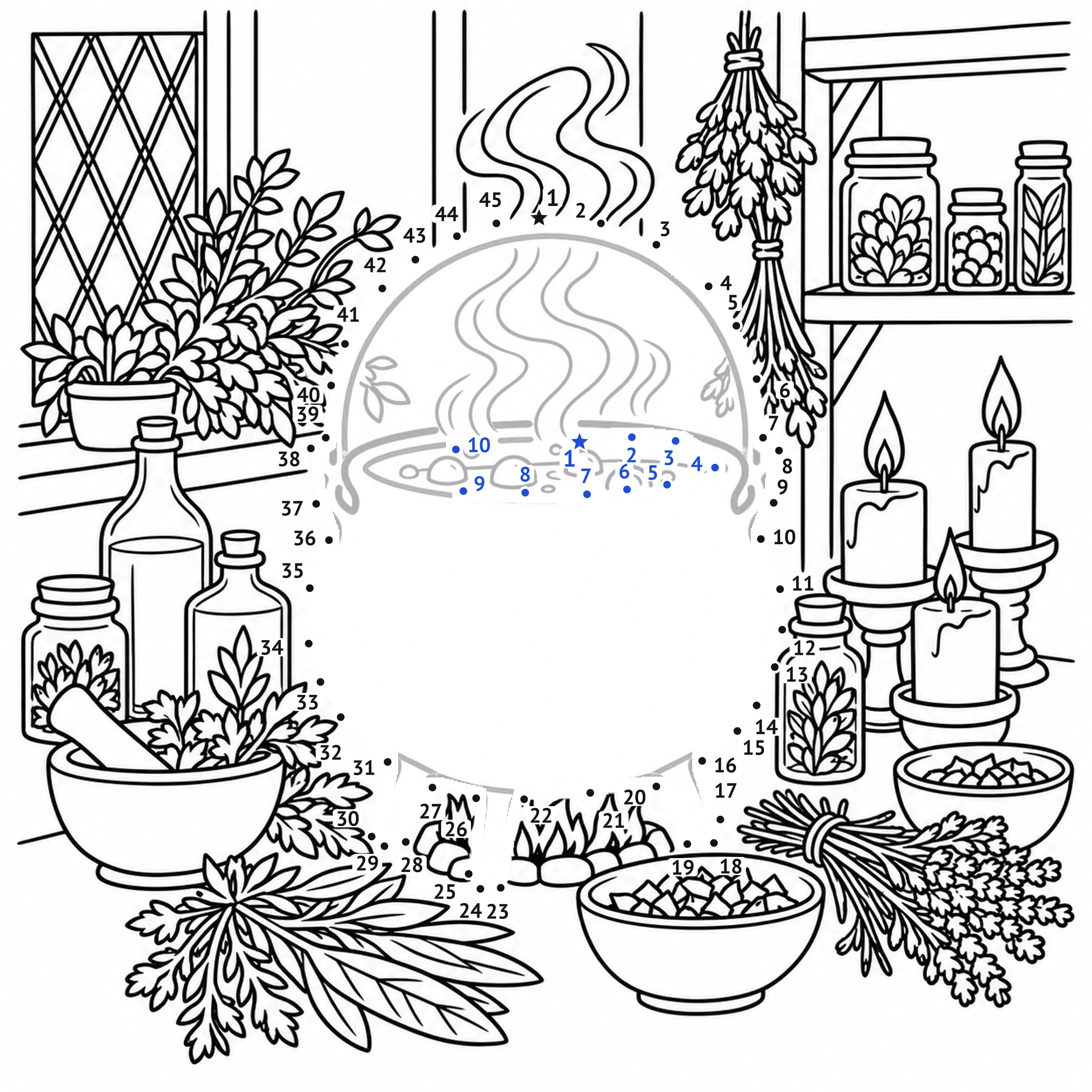 Points à relier: Chaudron de sorcière : points à relier à imprimer