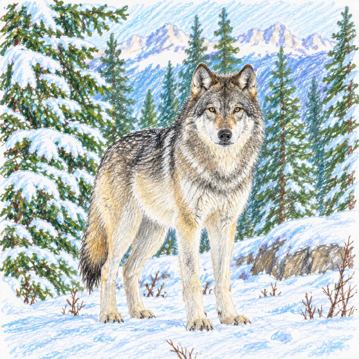 Modèle colorié: Coloriage de loup dans la neige