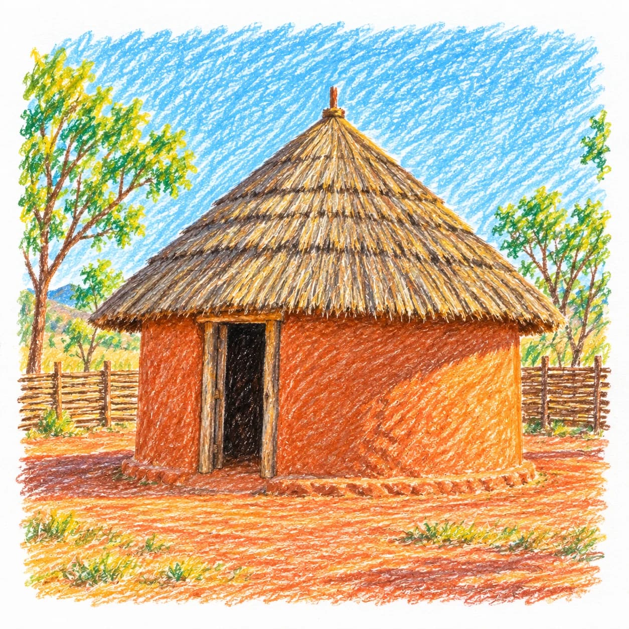 Colored model: Zambia coloring page: round hut with thatched roof