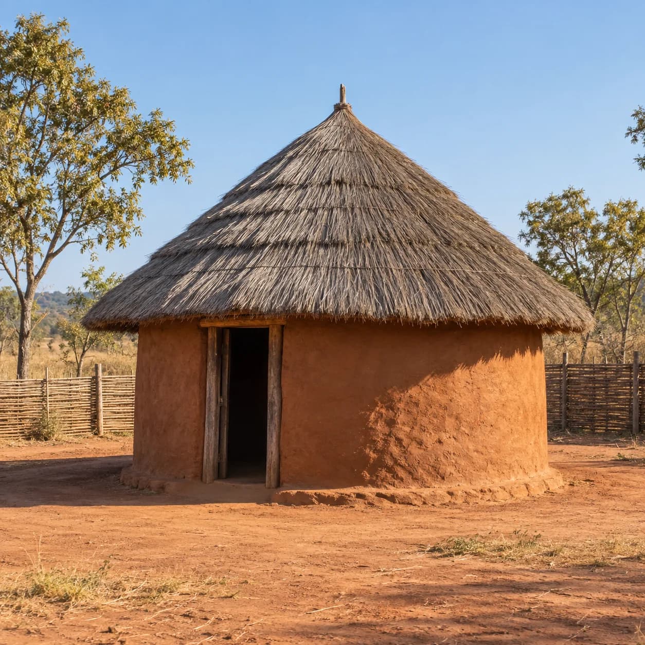 Realistic source: Zambia coloring page: round hut with thatched roof