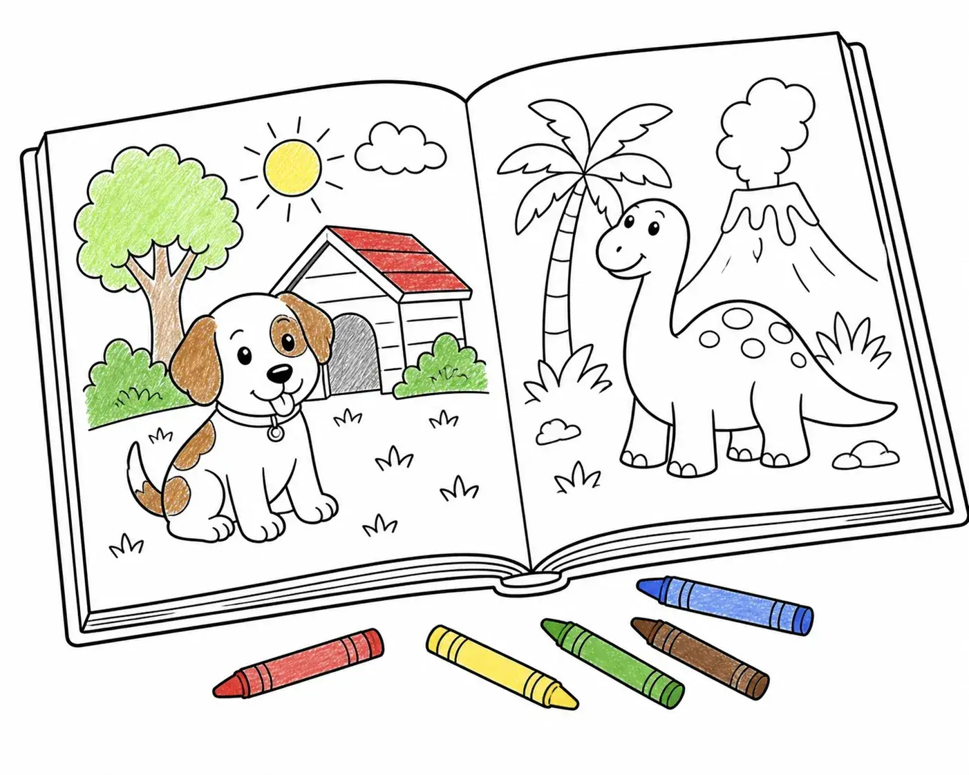 Album de coloriage colorié par un enfant, ouvert à plat