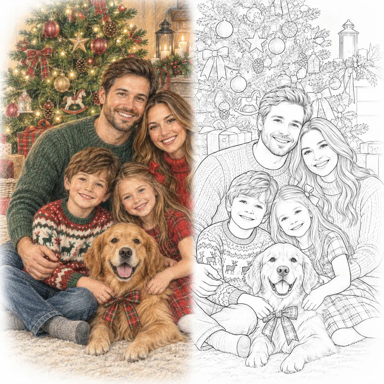Portrait de famille à Noël présenté en couleur et en contours à colorier