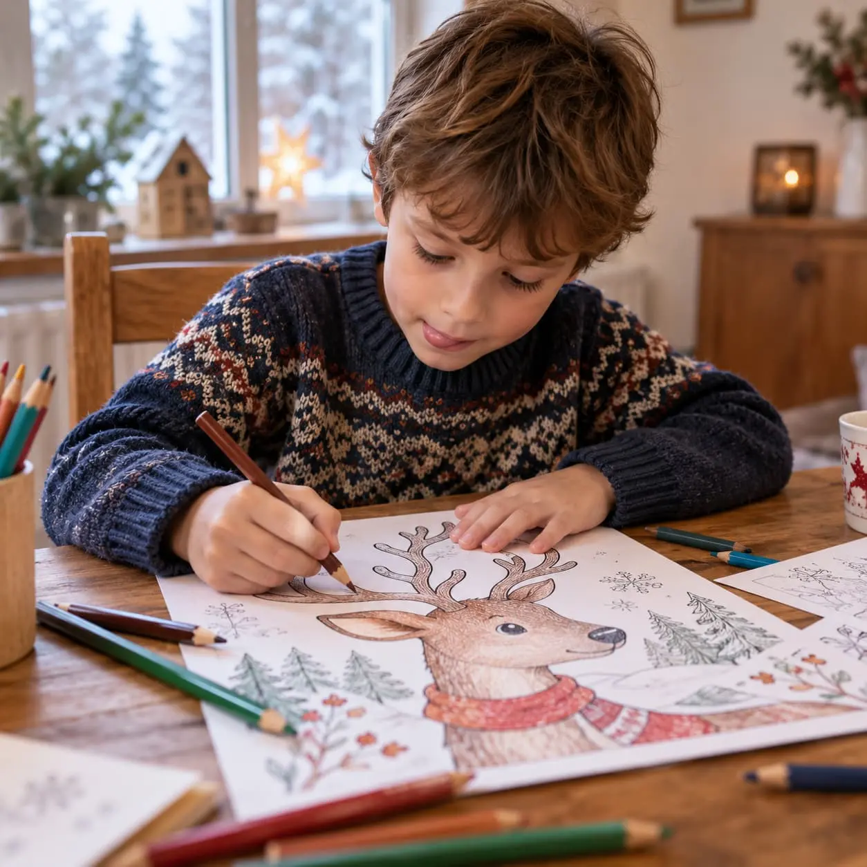 A child coloring a Christmas reindeer at the table
