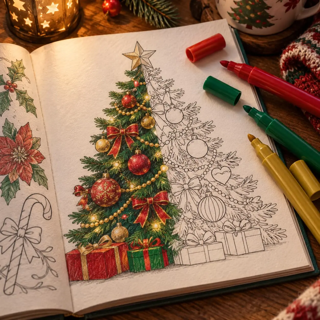 Un dibujo de árbol de Navidad a medio colorear rodeado de rotuladores