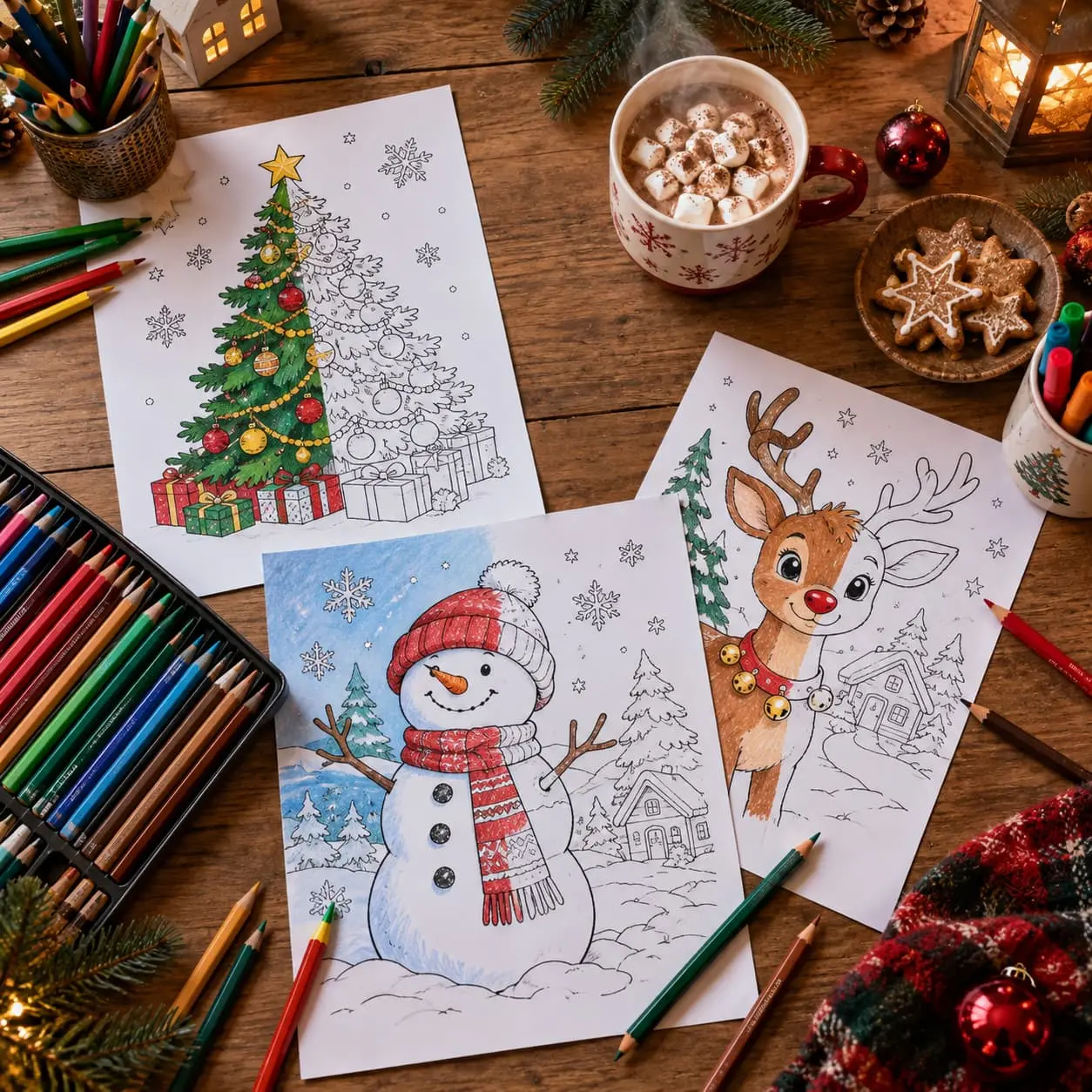 Coloriages de Noël, crayons et chocolat chaud disposés sur une table