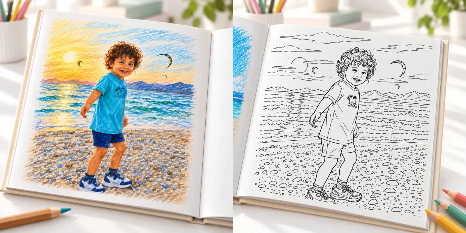 Two-page spread of a coloring album: on the left a colored-pencil illustration of a child on a beach at sunset, on the right the same scene as line art, ready to color