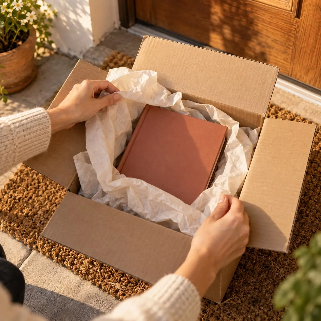 Opening a parcel containing a book protected with paper