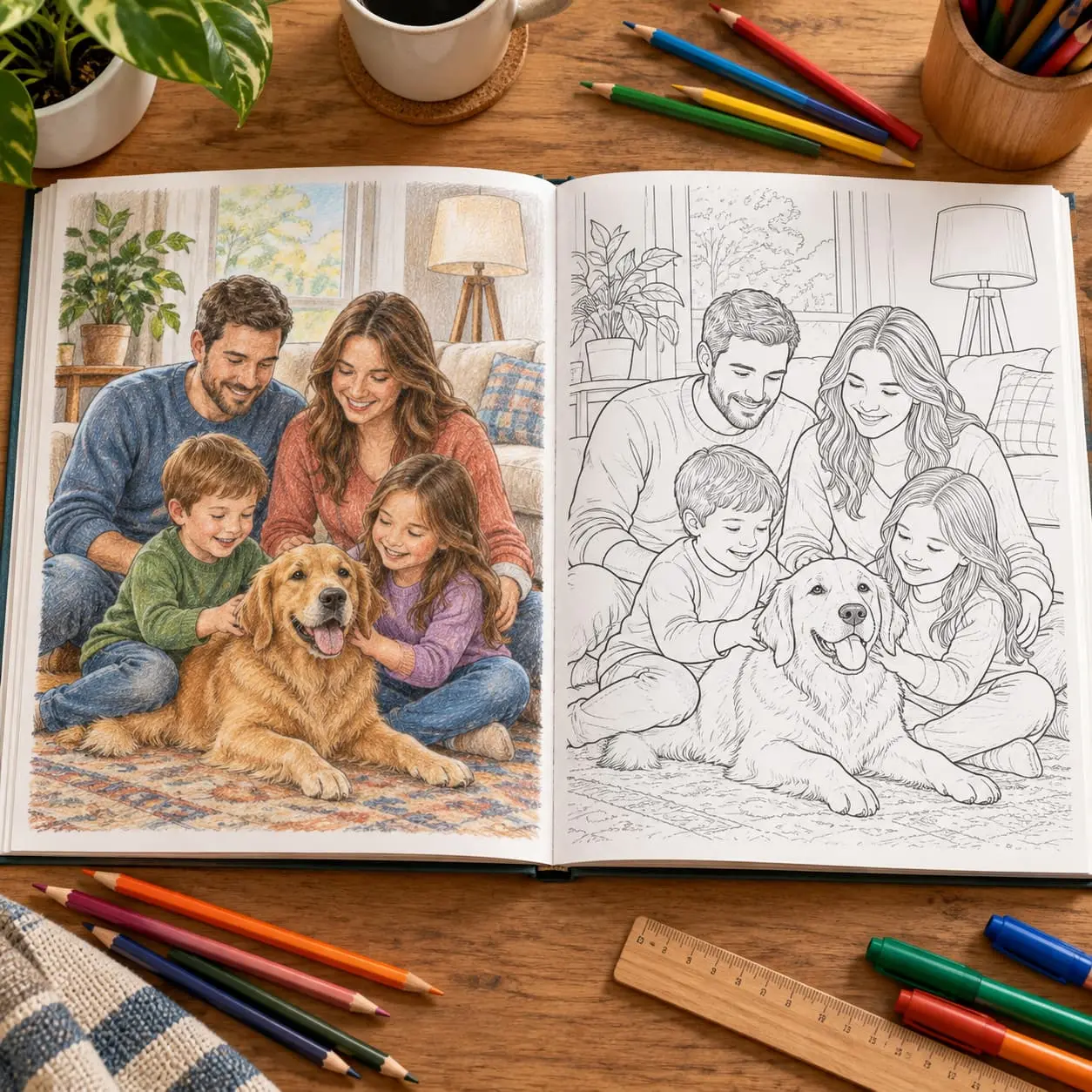 Un libro abierto con una ilustración familiar a color y en dibujo de línea