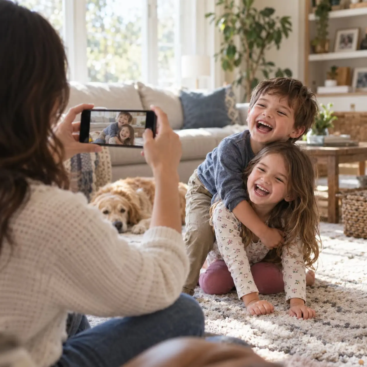 Una madre fotografiando a sus dos hijos con el teléfono