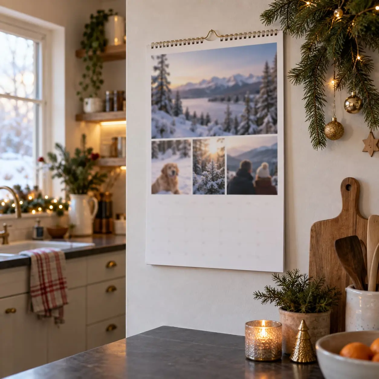 Un calendario de pared con fotos en una cocina decorada para Navidad
