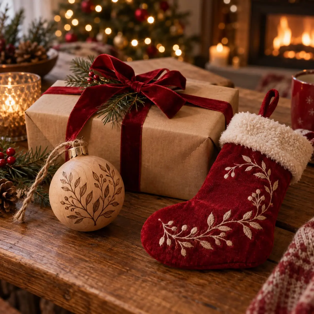 Cadeau emballé, suspension et chaussette de Noël sur une table