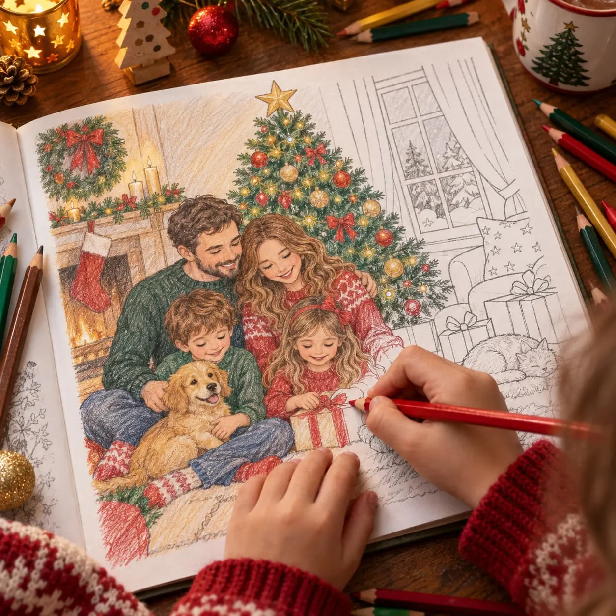 Unas manos coloreando una escena familiar en un libro de Navidad