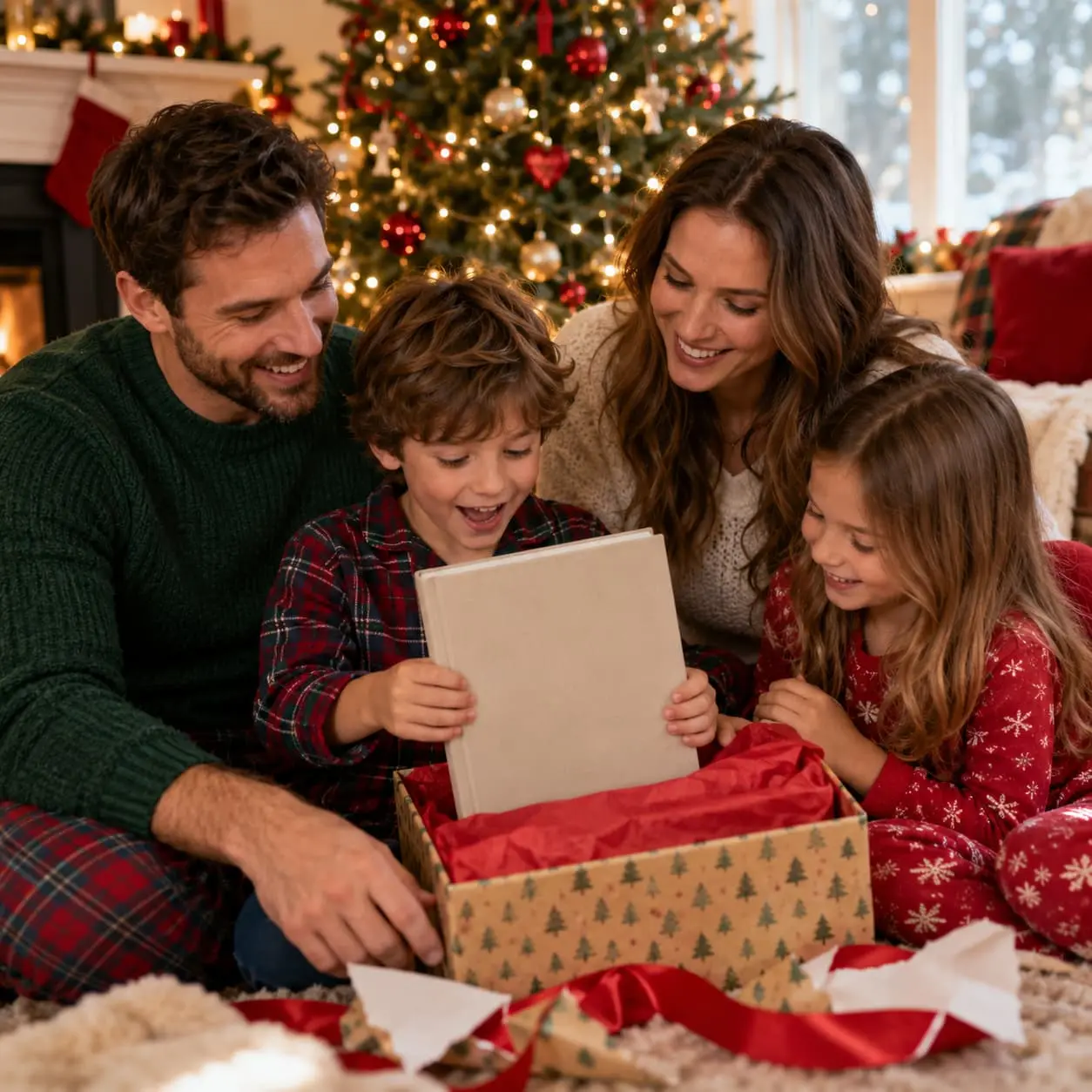 Parents and children opening a book beside the Christmas tree