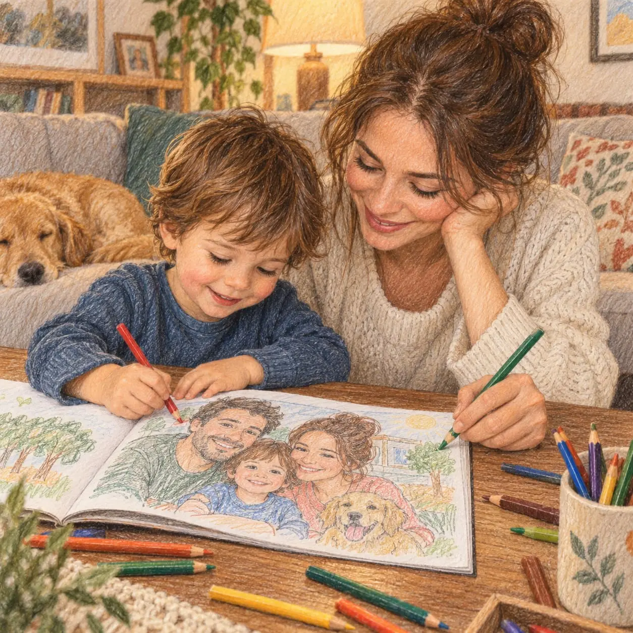 A mother and child coloring a book of memories together