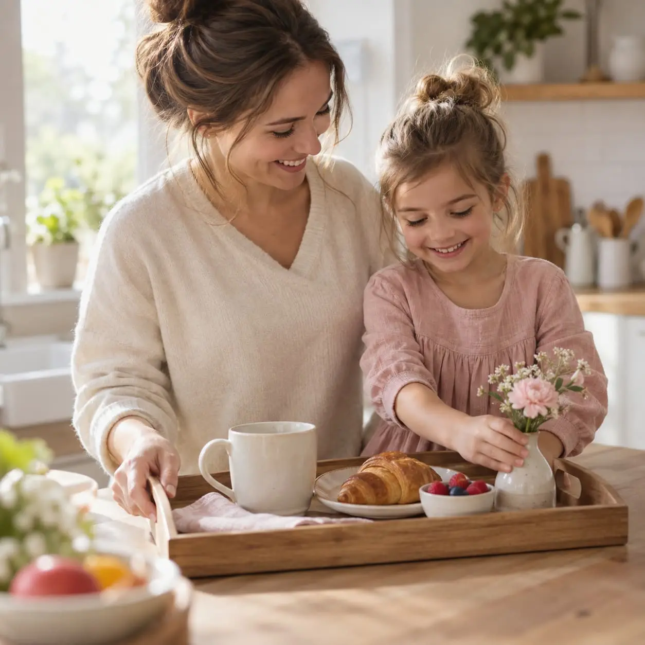 A mother and daughter sharing breakfast