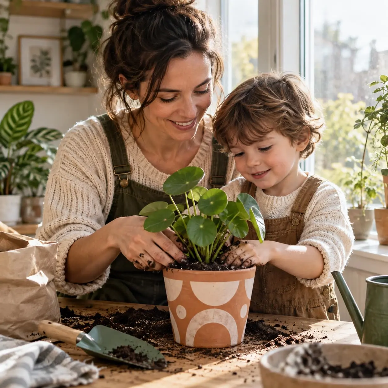 A mother and child repotting a plant in a decorated pot