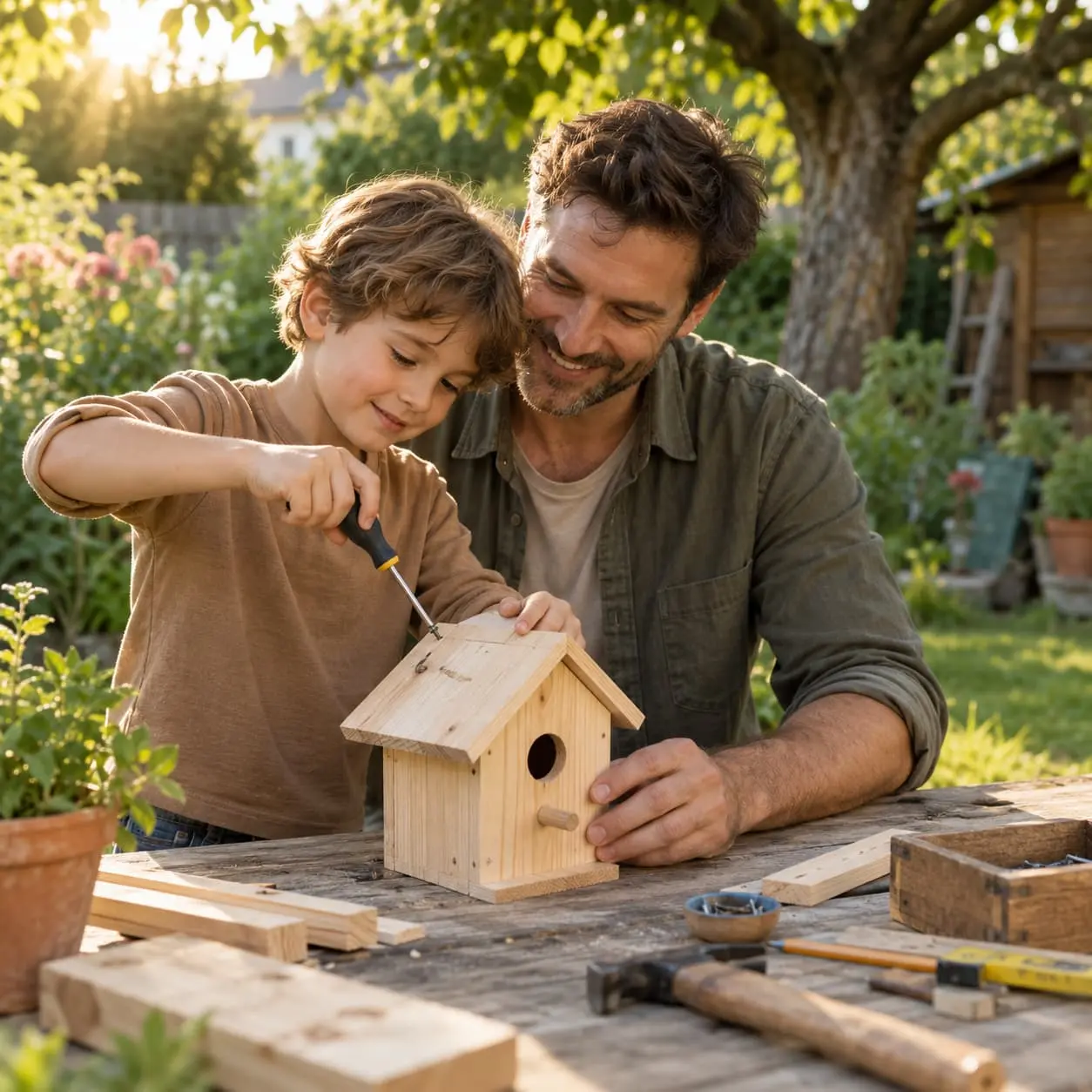 A father and son building a wooden birdhouse