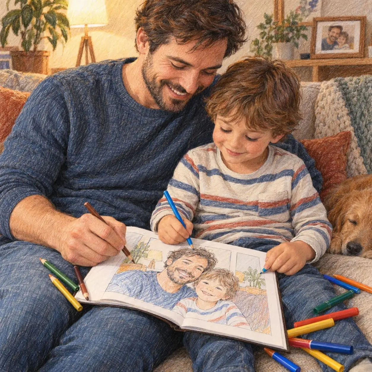 A father and son coloring a book together on the couch