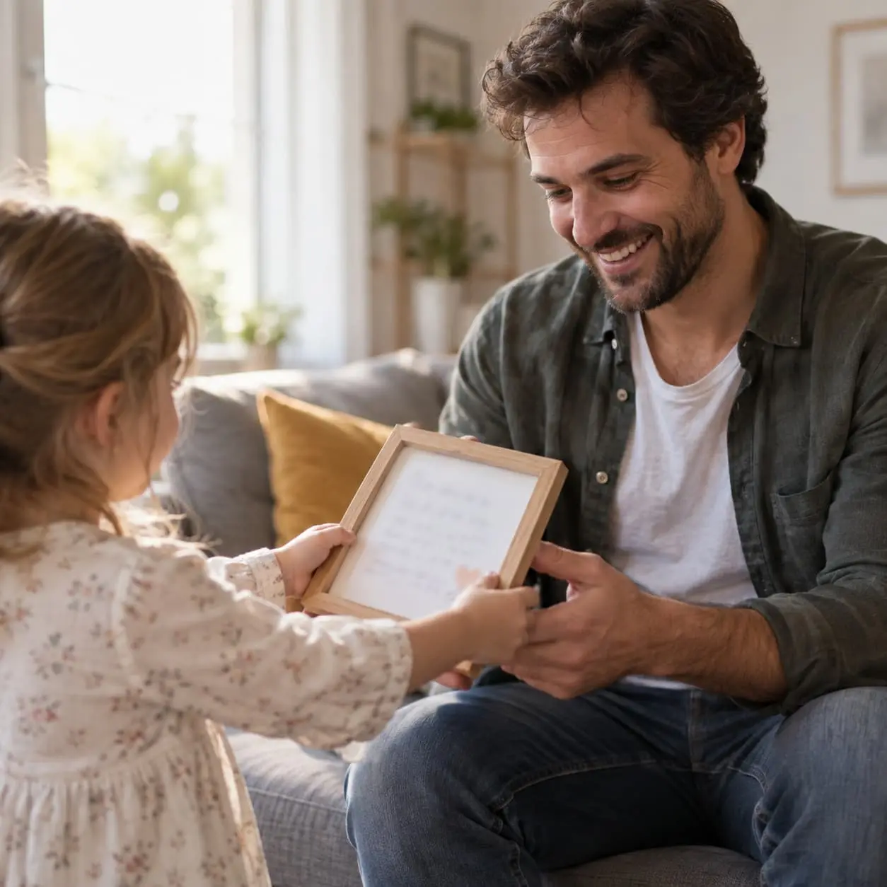 A little girl giving her father a framed message