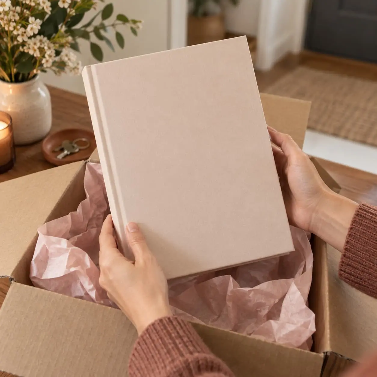 Two hands lifting a hardcover album out of a cardboard box lined with pink tissue paper