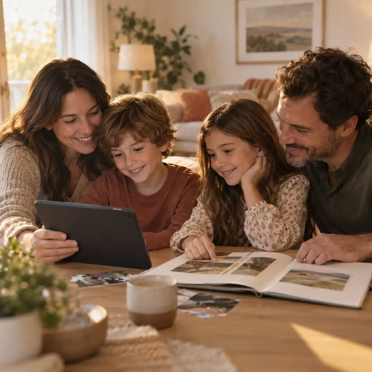 Padres e hijos eligiendo fotos en una tableta