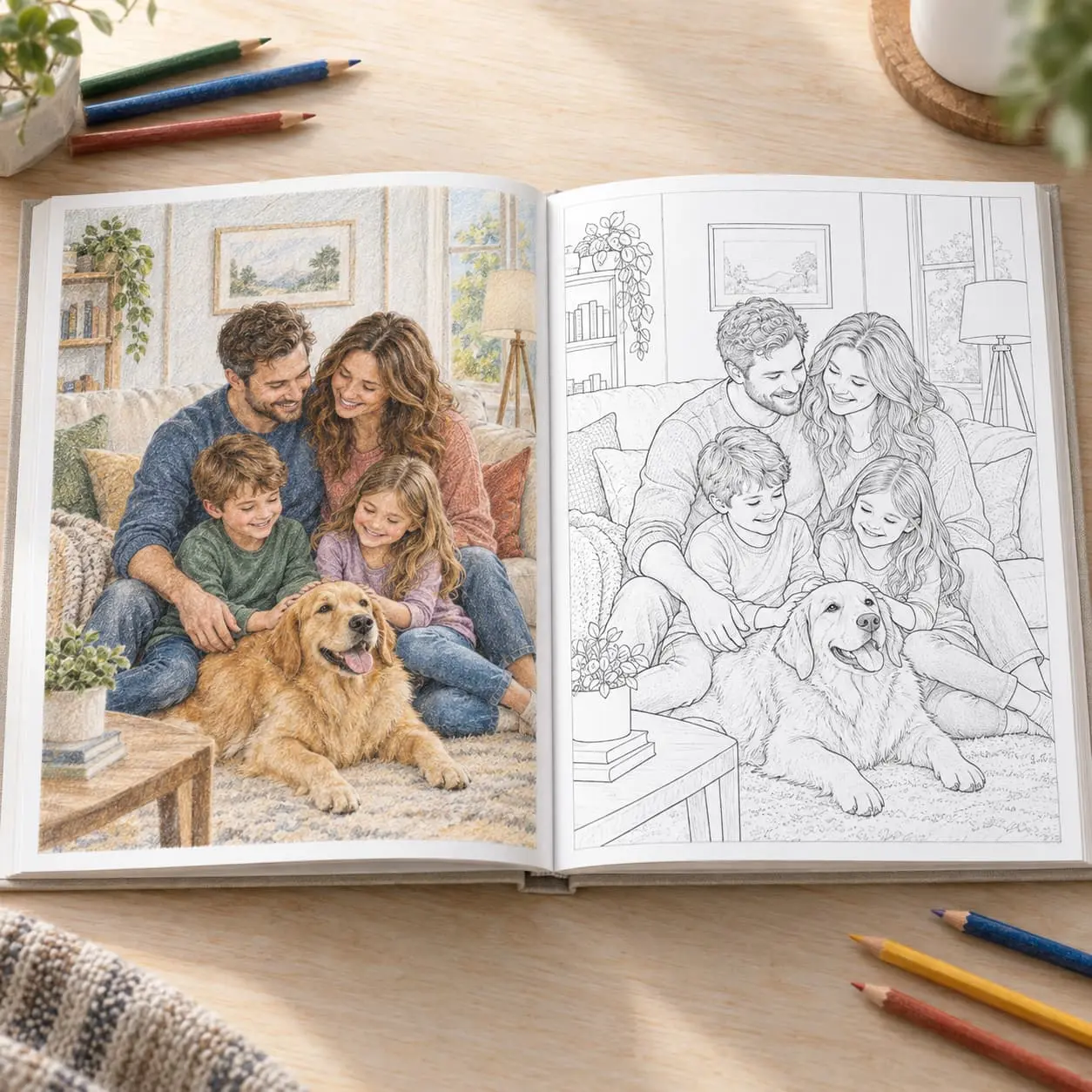 Un libro abierto con una ilustración a color y su página para colorear