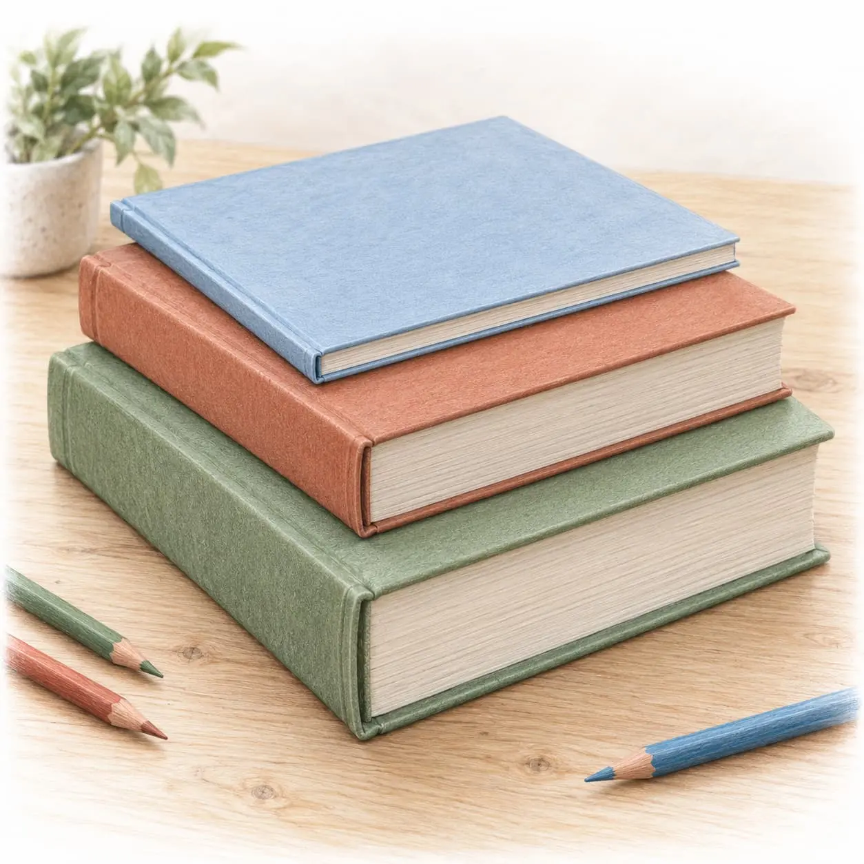 Three books of different sizes stacked on a table