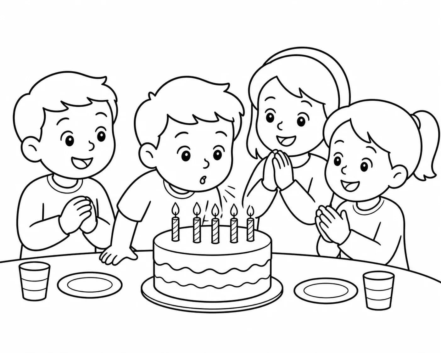 Photo d'anniversaire avec gâteau et copains, transformée en coloriage