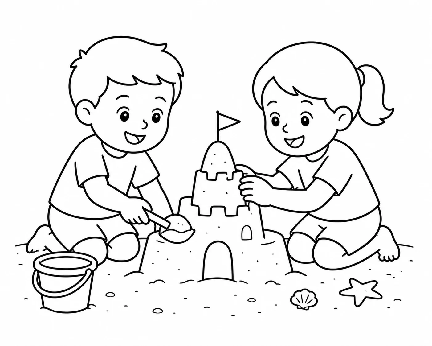 Scène de plage avec frère et sœur en illustration au trait