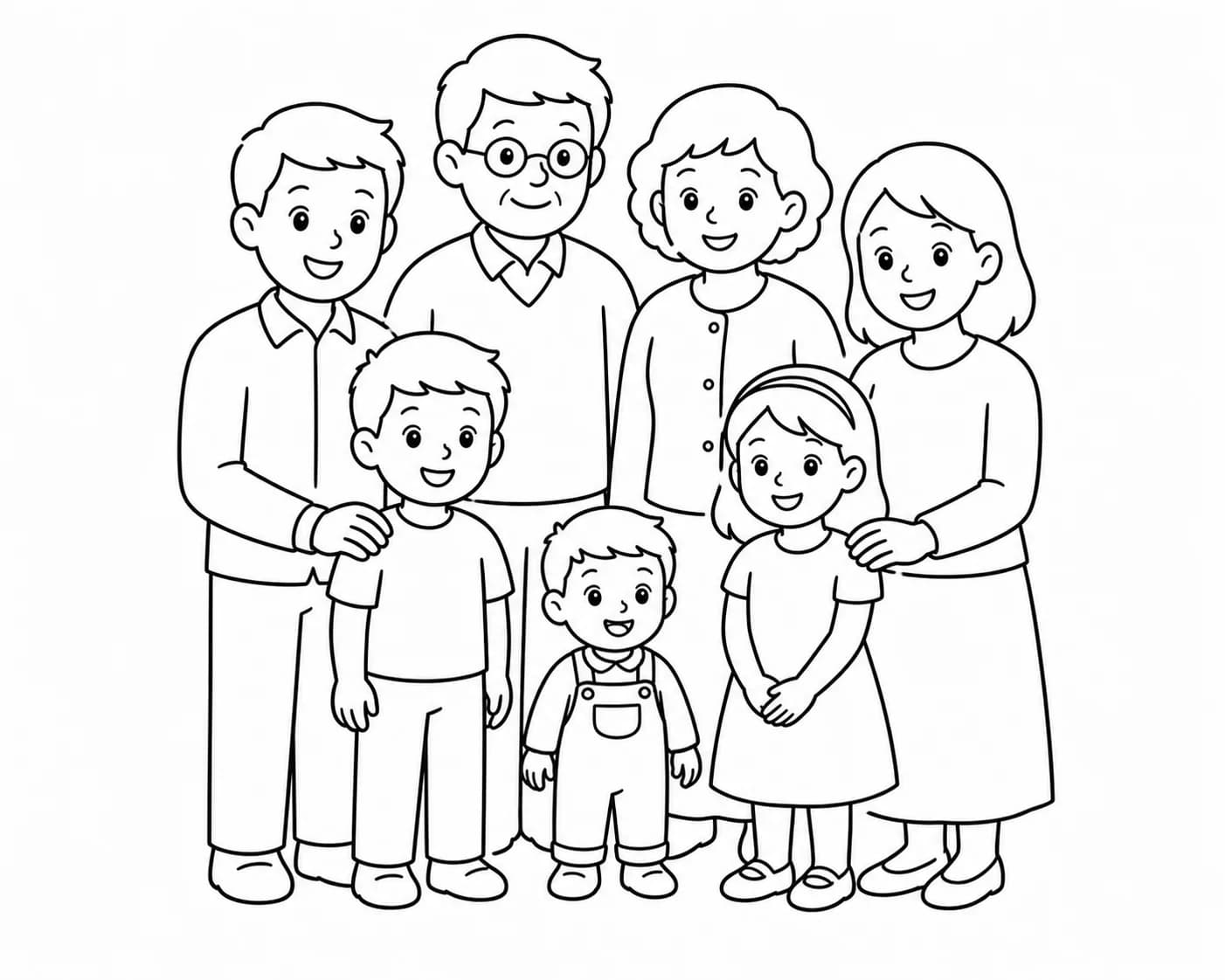 Large family gathered across three generations, rendered as line art