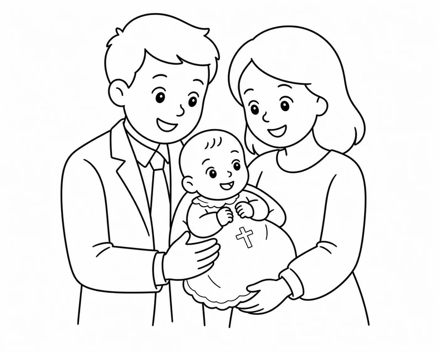 Photo du jour du baptême avec parrain et marraine, transformée en coloriage